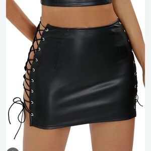 Black Faux Leather Lace-Up Mini Skirt